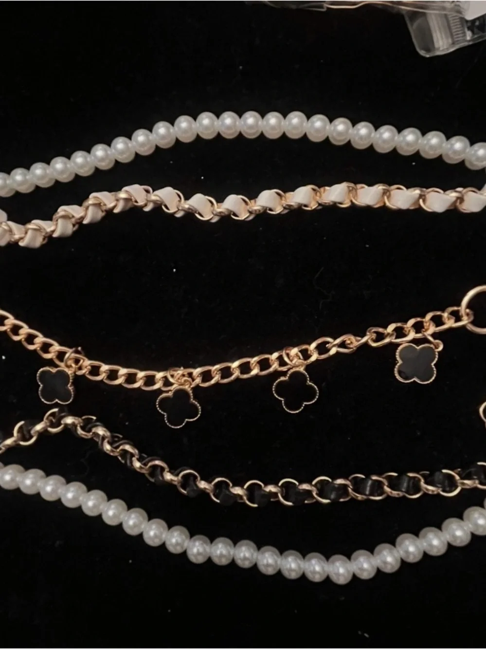 Pearl and Gold-Tone Chain Strap with Clover Charms for Purses/Bags